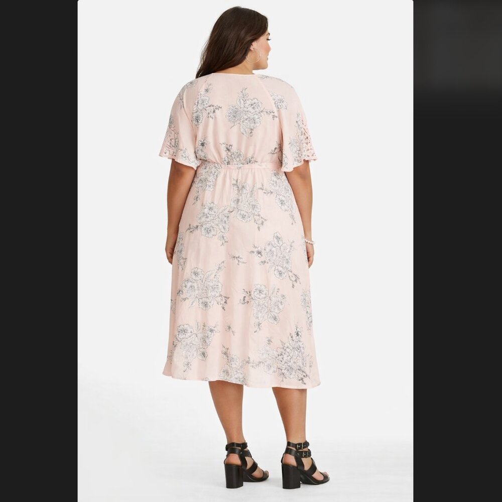 Torrid Floral Wrap Midi Dress 2X Pink Lace Flutter Sleeve Challis Lined Boho NWT - Picture 6 of 11